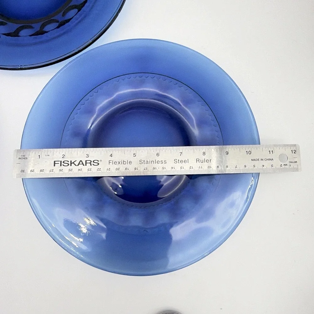 Crown Thumbprint Cobalt Blue Glass Dinner Plates Scalloped Textured Rim Set